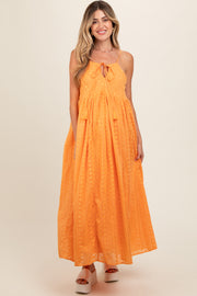 Orange Embroidered Tassel Tie Maternity Maxi Dress