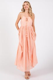 Light Pink Embroidered Tassel Tie Maxi Dress