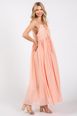 Light Pink Embroidered Tassel Tie Maxi Dress