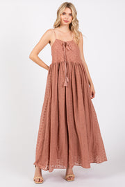 Mocha Embroidered Tassel Tie Maxi Dress