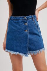 Medium Wash Denim Frayed-Trim Skort