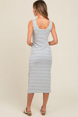 Light Blue Striped Side Slit Midi Dress