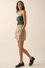 Pine Green Solid Smocked-Bodice Cropped Cami Top