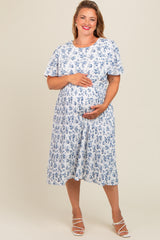 Blue Ditsy Floral Pleated Plus Maternity Dress