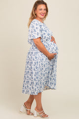 Blue Ditsy Floral Pleated Plus Maternity Dress