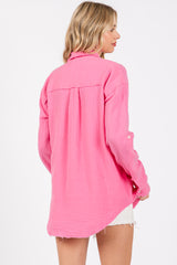 Pink Front Pocket Fringe Hem Button Up Shirt