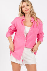 Pink Front Pocket Fringe Hem Button Up Shirt