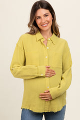 Lime Front Pocket Fringe Hem Button Up Maternity Shirt