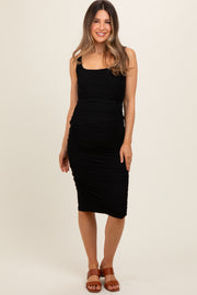 Black Mesh Ruched Bodycon Maternity Midi Dress