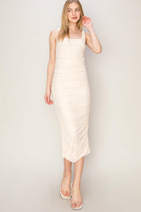 Cream Mesh Ruched Bodycon Midi Dress