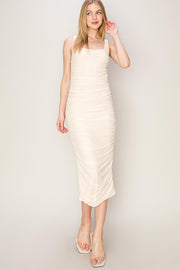 Cream Mesh Ruched Bodycon Midi Dress