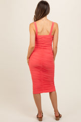 Salmon Mesh Ruched Bodycon Maternity Midi Dress