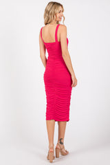 Fuchsia Mesh Ruched Bodycon Midi Dress