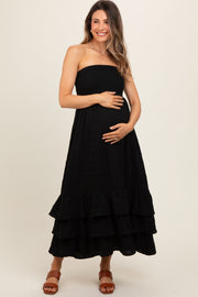 Black Smocked Ruffle Hem Tube Maternity Maxi Dress