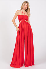 Red Smocked Drawstring Halter Side Cutout Maternity Jumpsuit