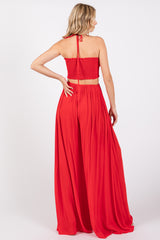 Red Smocked Drawstring Halter Side Cutout Jumpsuit