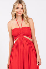 Red Smocked Drawstring Halter Side Cutout Jumpsuit