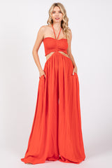 Orange Smocked Drawstring Halter Side Cutout Maternity Jumpsuit