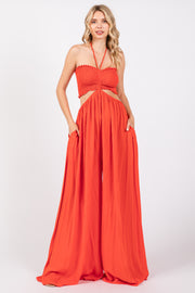 Orange Smocked Drawstring Halter Side Cutout Jumpsuit