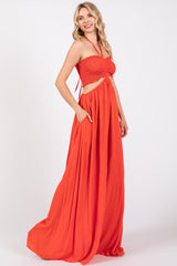 Orange Smocked Drawstring Halter Side Cutout Jumpsuit