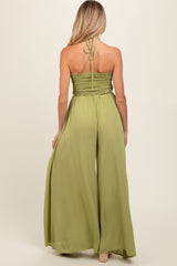 Lime Smocked Drawstring Halter Side Cutout Maternity Jumpsuit