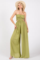 Lime Smocked Drawstring Halter Side Cutout Jumpsuit