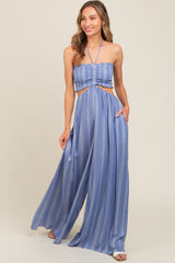 Blue Striped Cutout Halter Wide Leg Jumpsuit