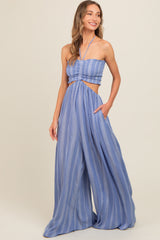 Blue Striped Cutout Halter Wide Leg Jumpsuit