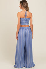 Blue Striped Cutout Halter Wide Leg Jumpsuit