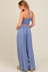 Blue Striped Cutout Halter Wide Leg Maternity Jumpsuit