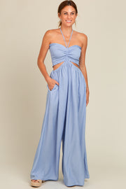 Light Blue Smocked Drawstring Halter Side Cutout Jumpsuit