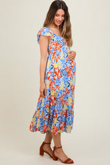 Light Blue Floral Printed Tiered Flutter Sleeve Maternity Dress