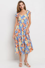 Light Blue Floral Printed Tiered Flutter Sleeve Dress