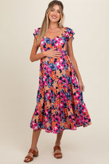 Navy Blue Floral Printed Tiered Flutter Sleeve Maternity Dress