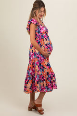 Navy Blue Floral Printed Tiered Flutter Sleeve Maternity Dress