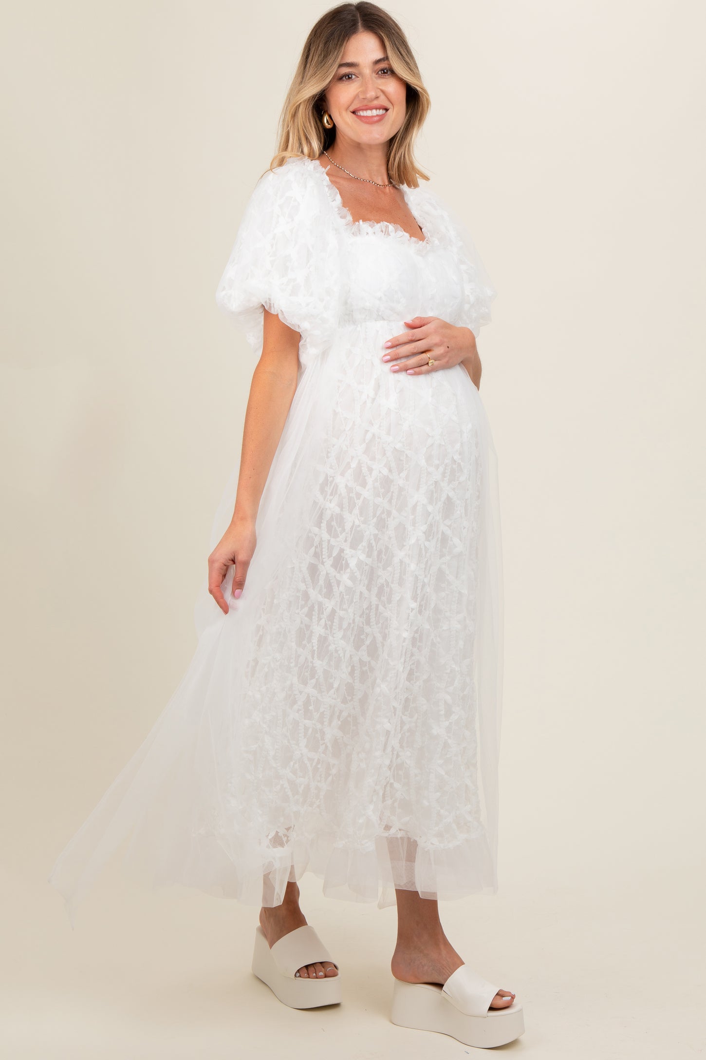 White Balloon Sleeve Embroidery Mesh Maternity Midi Dress – PinkBlush