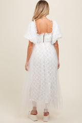 White Balloon Sleeve Embroidery Mesh Maternity Midi Dress