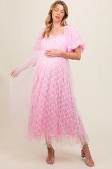 Pink Balloon Sleeve Embroidery Mesh Maternity Midi Dress