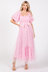 Pink Balloon Sleeve Embroidery Mesh Maternity Midi Dress