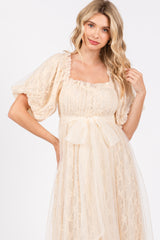 Cream Balloon Sleeve Embroidery Mesh Midi Dress