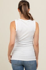 White Rib Knit Ruffle Trim Sleeveless Maternity Top