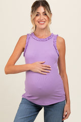 Lavender Rib Knit Ruffle Trim Sleeveless Maternity Top