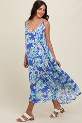 Blue Floral V-Neck Cross Back Midi Dress