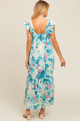 Teal Floral Ruffle Accent V-Neck Maxi Dress