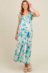 Teal Floral Ruffle Accent V-Neck Maternity Maxi Dress