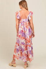 Mauve Floral Ruffle Accent V-Neck Maternity Maxi Dress