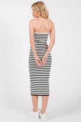 White Striped Knit Strapless Midi Dress