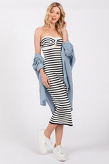 White Striped Knit Strapless Midi Dress