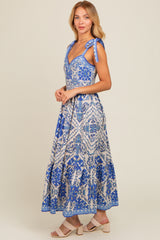 Blue Printed Sweetheart Neckline Shoulder Tie Maxi Dress