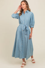 Blue Floral Embroidered Button Down Chambray Maxi Dress